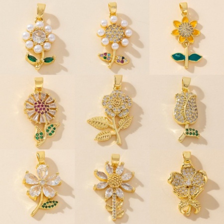 Messing Charm-Anhänger 18K Vergoldet Blumen Micro Pave Klar Zirkonia