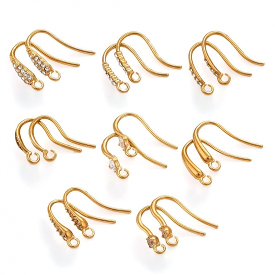 Picture of 4 PCs 304 Stainless Steel Ear Wire Hooks Earrings For DIY Jewelry Making Accessories Clear Rhinestone With Loop Post/ Wire Size: (20 gauge)