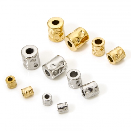 Eco-friendly Vacuum Plating 304 Stainless Steel Hammered Beads For DIY Jewelry Making Cylinder 18K Gold Plated Hammered