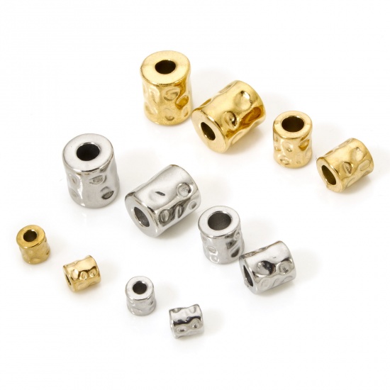 Picture of Eco-friendly Vacuum Plating 304 Stainless Steel Hammered Beads For DIY Jewelry Making Cylinder 18K Gold Plated Hammered