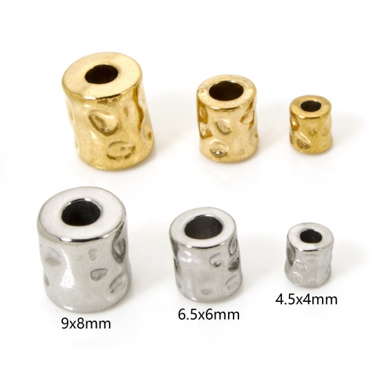 Picture of Eco-friendly Vacuum Plating 304 Stainless Steel Hammered Beads For DIY Jewelry Making Cylinder 18K Gold Plated Hammered