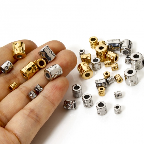 Picture of Eco-friendly Vacuum Plating 304 Stainless Steel Hammered Beads For DIY Jewelry Making Cylinder 18K Gold Plated Hammered
