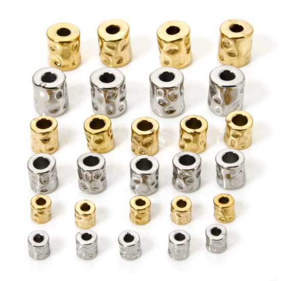 Picture of Eco-friendly Vacuum Plating 304 Stainless Steel Hammered Beads For DIY Jewelry Making Cylinder 18K Gold Plated Hammered