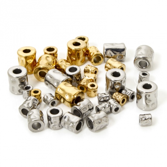 Picture of Eco-friendly Vacuum Plating 304 Stainless Steel Hammered Beads For DIY Jewelry Making Cylinder 18K Gold Plated Hammered