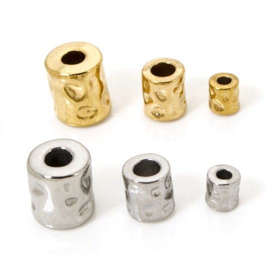 Picture of Eco-friendly Vacuum Plating 304 Stainless Steel Hammered Beads For DIY Jewelry Making Cylinder 18K Gold Plated Hammered
