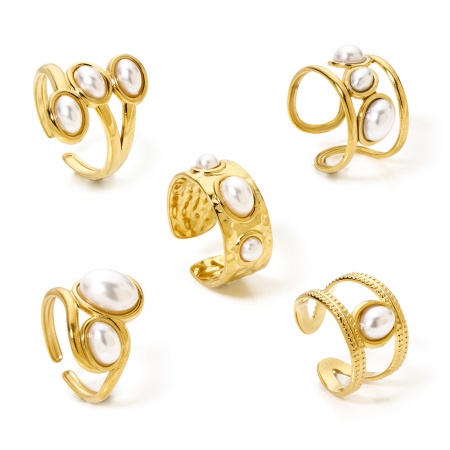 Umweltfreundliche Vakuumbeschichtung 304 Edelstahl Offen Verstellbar Ring 18K Vergoldet Oval Acryl Imitat Perle