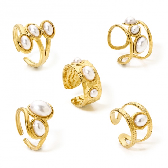 Picture of Eco-friendly Vacuum Plating 304 Stainless Steel Open Adjustable Rings 18K Gold Plated Oval Acrylic Imitation Pearl
