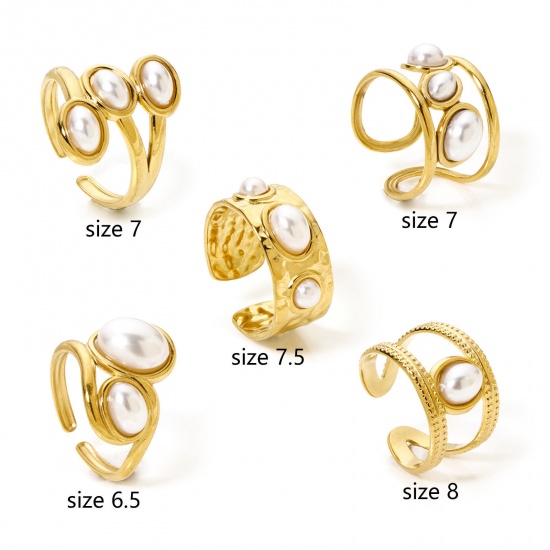 Picture of Eco-friendly Vacuum Plating 304 Stainless Steel Open Adjustable Rings 18K Gold Plated Oval Acrylic Imitation Pearl