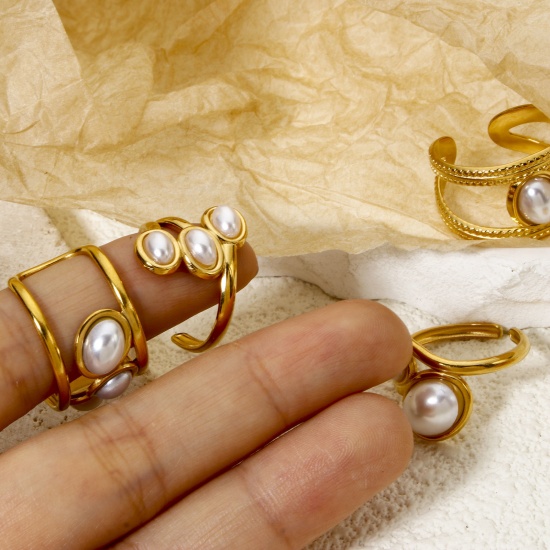 Picture of Eco-friendly Vacuum Plating 304 Stainless Steel Open Adjustable Rings 18K Gold Plated Oval Acrylic Imitation Pearl