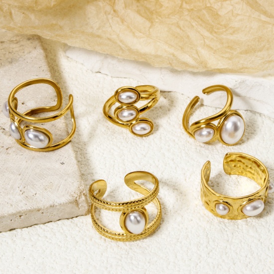 Picture of Eco-friendly Vacuum Plating 304 Stainless Steel Open Adjustable Rings 18K Gold Plated Oval Acrylic Imitation Pearl