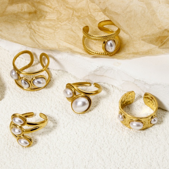 Picture of Eco-friendly Vacuum Plating 304 Stainless Steel Open Adjustable Rings 18K Gold Plated Oval Acrylic Imitation Pearl