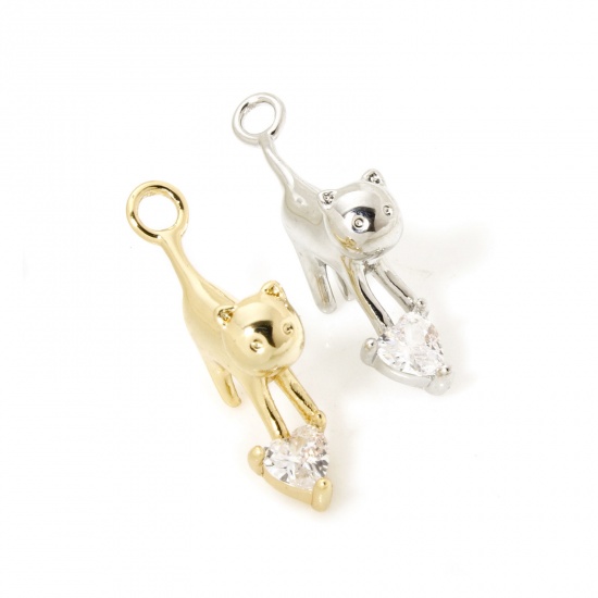 Image de 2 Pcs Breloques en Laiton Chat Multicolore 3D à Zircone Cubique Clair 17.5mm x 9mm