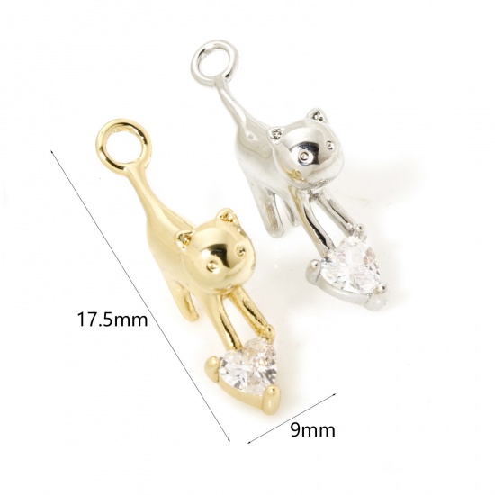Image de 2 Pcs Breloques en Laiton Chat Multicolore 3D à Zircone Cubique Clair 17.5mm x 9mm