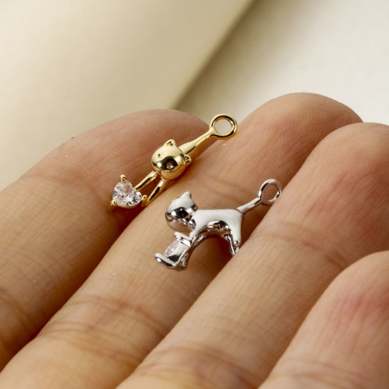 Image de 2 Pcs Breloques en Laiton Chat Multicolore 3D à Zircone Cubique Clair 17.5mm x 9mm