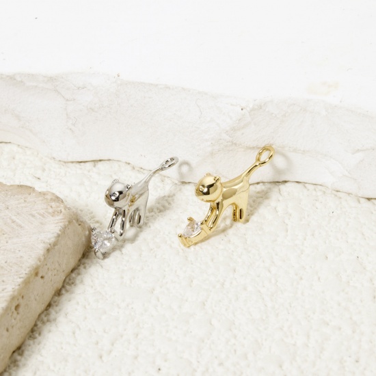 Image de 2 Pcs Breloques en Laiton Chat Multicolore 3D à Zircone Cubique Clair 17.5mm x 9mm