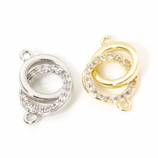 Image de 2 PCs Brass Micro Pave Connectors Charms Pendants Double Rings Multicolor Clear Cubic Zirconia 18mm x 9mm