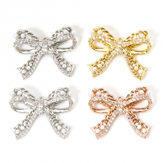 Picture of 1 Piece Brass Clothes Charms Multicolor Bowknot Micro Pave Clear Cubic Zirconia 21mm x 17mm