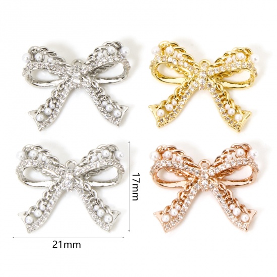 Picture of 1 Piece Brass Clothes Charms Multicolor Bowknot Micro Pave Clear Cubic Zirconia 21mm x 17mm