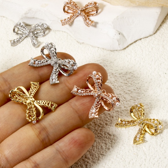 Picture of 1 Piece Brass Clothes Charms Multicolor Bowknot Micro Pave Clear Cubic Zirconia 21mm x 17mm