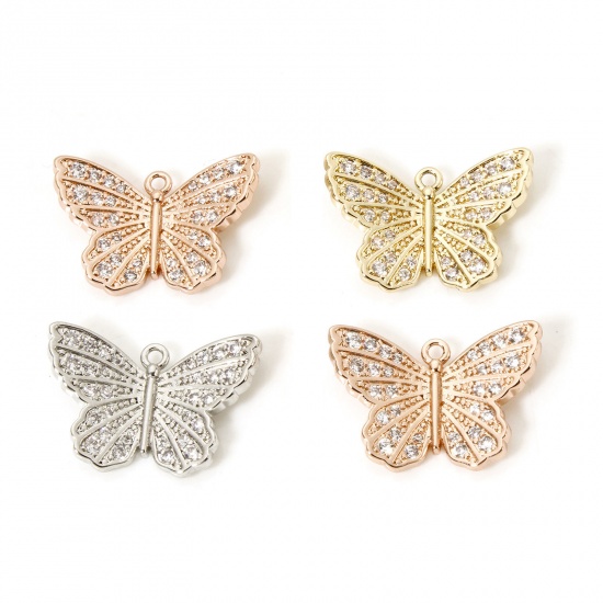 Immagine di 1 Pz Ottone Insetto Ciondoli Farfalla Multicolore Micro Spianare Trasparente Cubic Zirconiae 20mm x 13.5mm