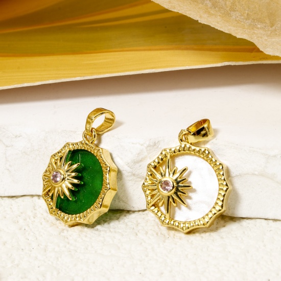 2 PCs Brass Galaxy Charm Pendant 18K Gold Plated Sun Star With Resin Cabochons 21mm x 15mm の画像