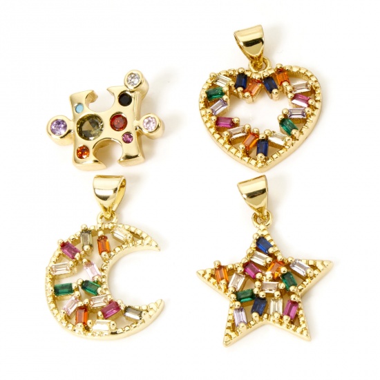 Picture of 1 Piece Brass Charms 18K Gold Plated Half Moon Heart Multicolour Cubic Zirconia