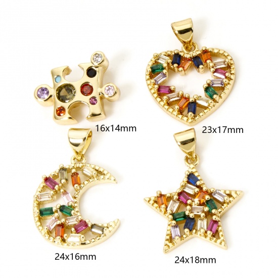 Picture of 1 Piece Brass Charms 18K Gold Plated Half Moon Heart Multicolour Cubic Zirconia