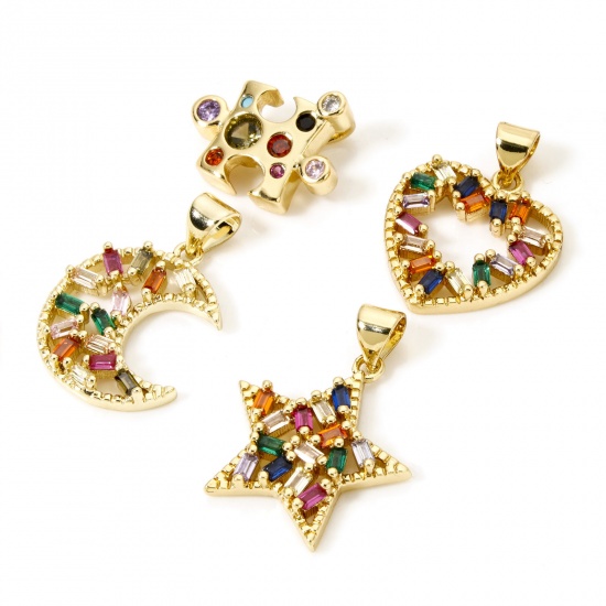 Picture of 1 Piece Brass Charms 18K Gold Plated Half Moon Heart Multicolour Cubic Zirconia