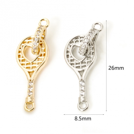 Picture of Eco-friendly Brass Sport Connectors Charms Pendants Racket Real Gold Plated Micro Pave Clear Cubic Zirconia 26mm x 8.5mm