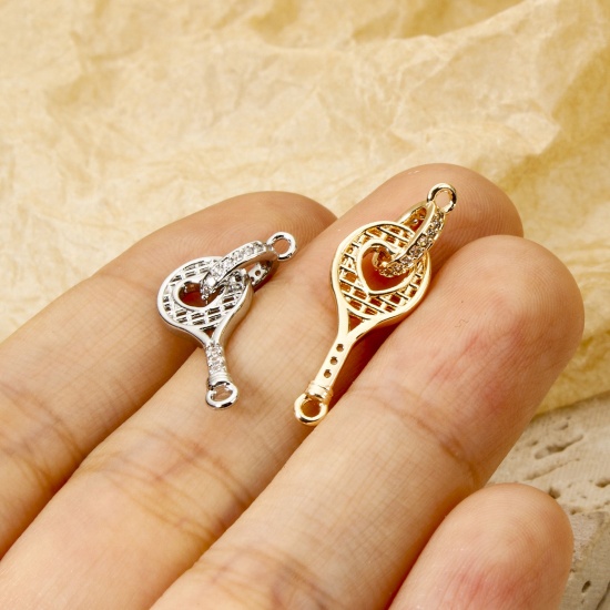 Picture of Eco-friendly Brass Sport Connectors Charms Pendants Racket Real Gold Plated Micro Pave Clear Cubic Zirconia 26mm x 8.5mm