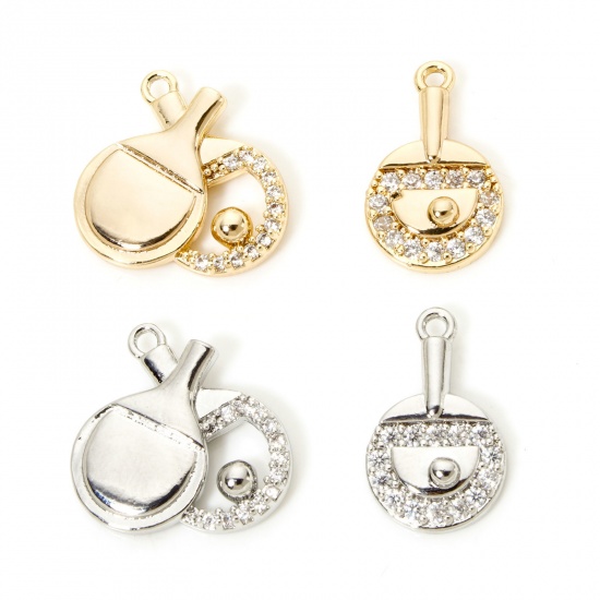 Picture of 1 Piece Eco-friendly Brass Charms Real Gold Plated Racket Ping Pong Ball Micro Pave Clear Cubic Zirconia