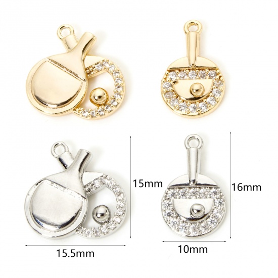 Picture of 1 Piece Eco-friendly Brass Charms Real Gold Plated Racket Ping Pong Ball Micro Pave Clear Cubic Zirconia