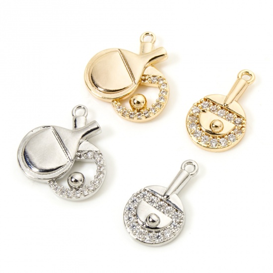 Picture of 1 Piece Eco-friendly Brass Charms Real Gold Plated Racket Ping Pong Ball Micro Pave Clear Cubic Zirconia