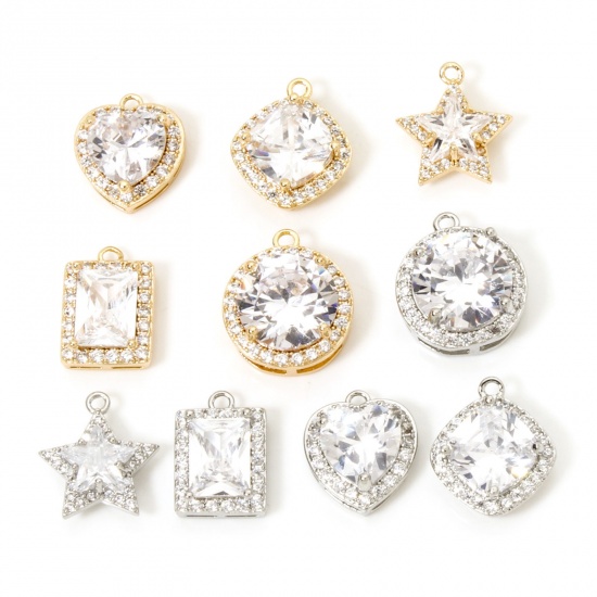 Picture of 1 Piece Eco-friendly Brass Geometric Charms Real Gold Plated Micro Pave Clear Cubic Zirconia Clear Rhinestone