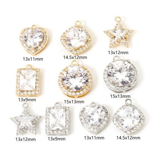 Picture of 1 Piece Eco-friendly Brass Geometric Charms Real Gold Plated Micro Pave Clear Cubic Zirconia Clear Rhinestone