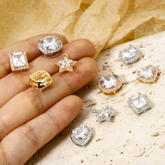 Picture of 1 Piece Eco-friendly Brass Geometric Charms Real Gold Plated Micro Pave Clear Cubic Zirconia Clear Rhinestone