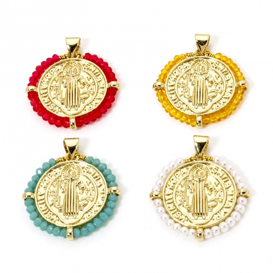 Immagine di 1 Piece Brass & Glass Religious Charm Pendant 18K Gold Plated St. Benedict Medal Double Sided 29mm x 25mm