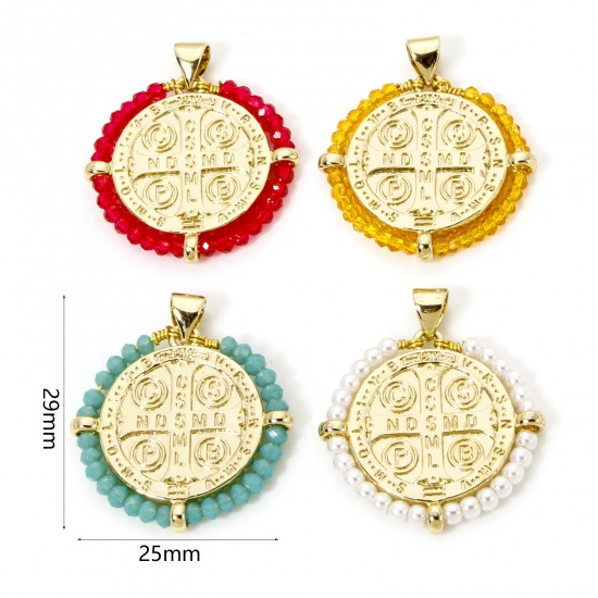 Immagine di 1 Piece Brass & Glass Religious Charm Pendant 18K Gold Plated St. Benedict Medal Double Sided 29mm x 25mm