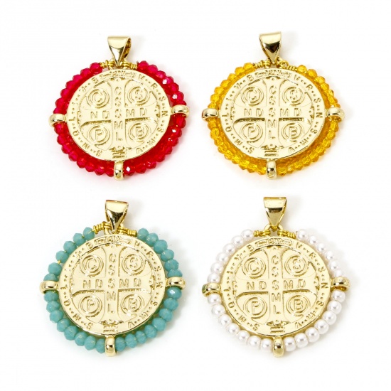 Immagine di 1 Piece Brass & Glass Religious Charm Pendant 18K Gold Plated St. Benedict Medal Double Sided 29mm x 25mm