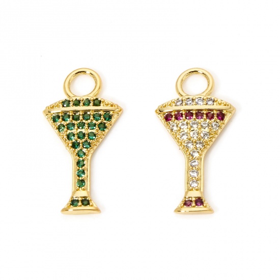 Picture of 2 PCs Brass Micro Pave Charms 18K Real Gold Plated Wine Glass Clear Cubic Zirconia 21mm x 11mm