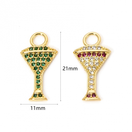 Picture of 2 PCs Brass Micro Pave Charms 18K Real Gold Plated Wine Glass Clear Cubic Zirconia 21mm x 11mm