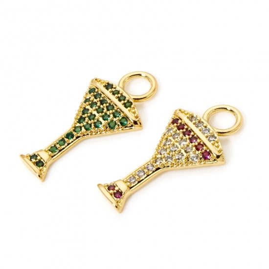 Picture of 2 PCs Brass Micro Pave Charms 18K Real Gold Plated Wine Glass Clear Cubic Zirconia 21mm x 11mm