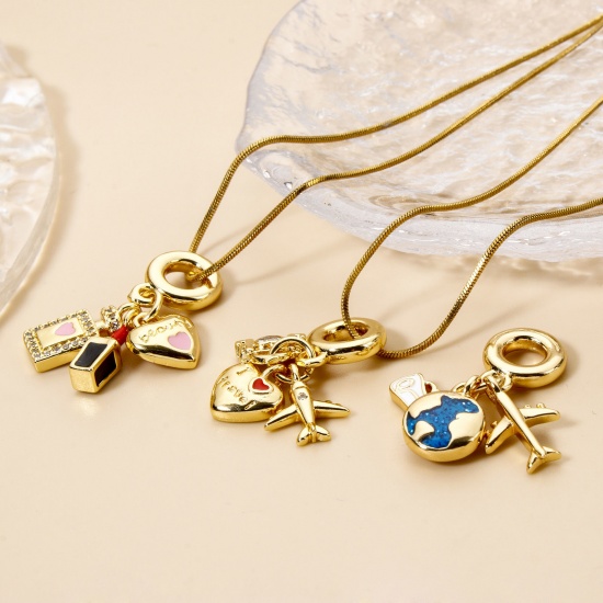 Picture of 1 Piece ( 3 PCs/Set) Brass Travel Charms 18K Real Gold Plated Heart Airplane Enamel