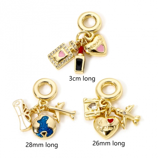 Picture of 1 Piece ( 3 PCs/Set) Brass Travel Charms 18K Real Gold Plated Heart Airplane Enamel