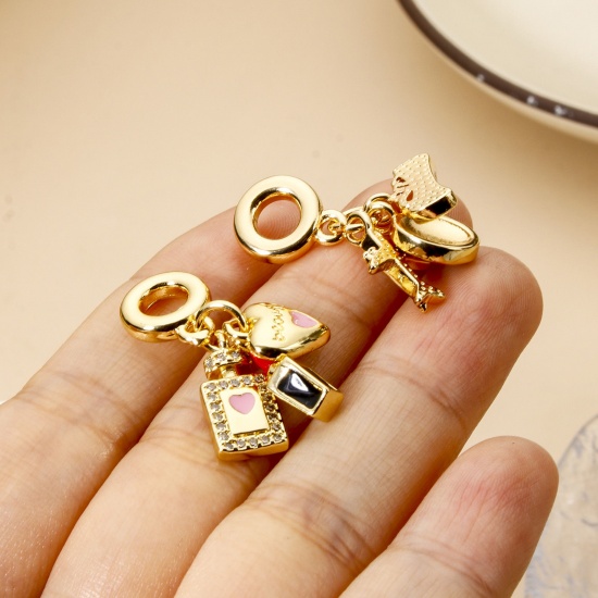 Picture of 1 Piece ( 3 PCs/Set) Brass Travel Charms 18K Real Gold Plated Heart Airplane Enamel