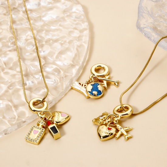 Picture of 1 Piece ( 3 PCs/Set) Brass Travel Charms 18K Real Gold Plated Heart Airplane Enamel