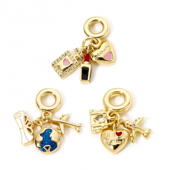 Picture of 1 Piece ( 3 PCs/Set) Brass Travel Charms 18K Real Gold Plated Heart Airplane Enamel