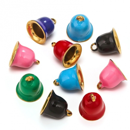 Picture of 1 Piece Vacuum Plating 304 Stainless Steel Charms Gold Plated Christmas Jingle Bell Enamel 13.5mm x 13.5mm