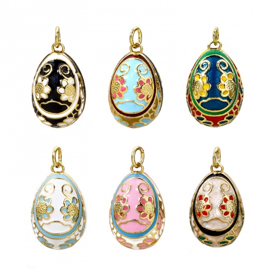 Picture of Brass Easter Day Charms 18K Gold Plated Egg Flower Enamel 28mm x 15.5mm