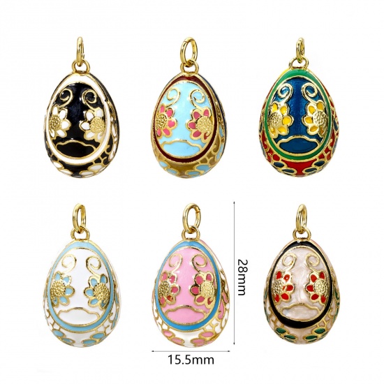 Picture of Brass Easter Day Charms 18K Gold Plated Egg Flower Enamel 28mm x 15.5mm